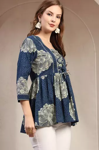 Blue floral printed cotton flared top for women