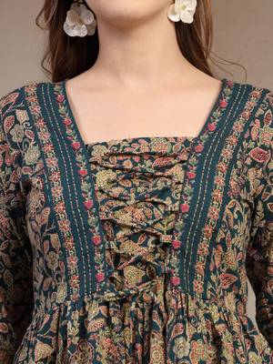 Blue floral printed cotton flared top for women 5