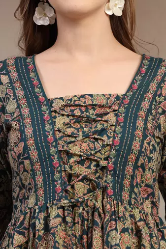 Blue floral printed cotton flared top for women