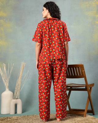 Red printed cotton peter pan collar co-ord night suit for women 4