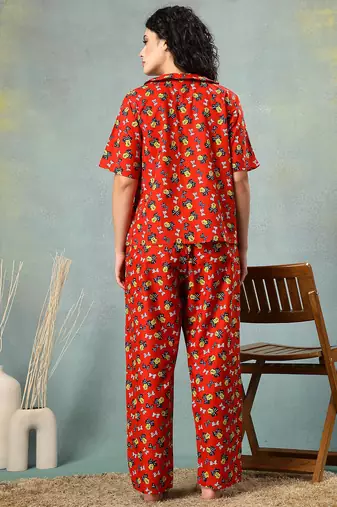Red printed cotton peter pan collar co-ord night suit for women