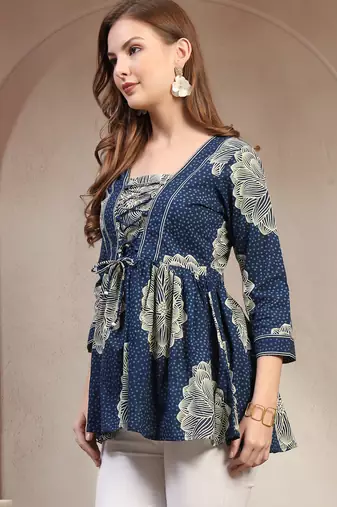Blue floral printed cotton flared top for women