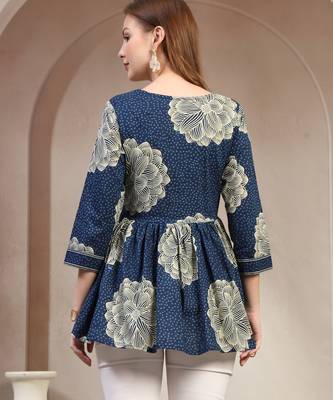 Blue floral printed cotton flared top for women 4