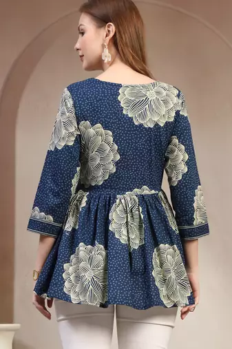 Blue floral printed cotton flared top for women