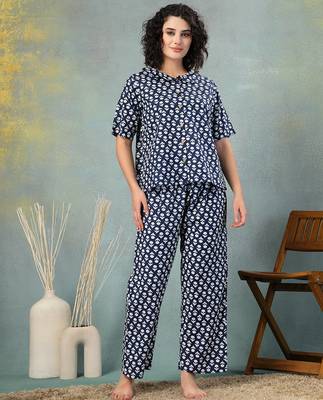 Blue printed cotton peter pan collar co-ord night suit for women 1