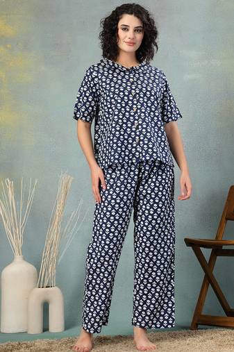 Blue printed cotton peter pan collar co-ord night suit for women