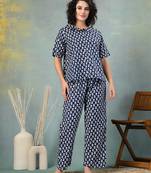 Blue printed cotton peter pan collar co-ord night suit for women