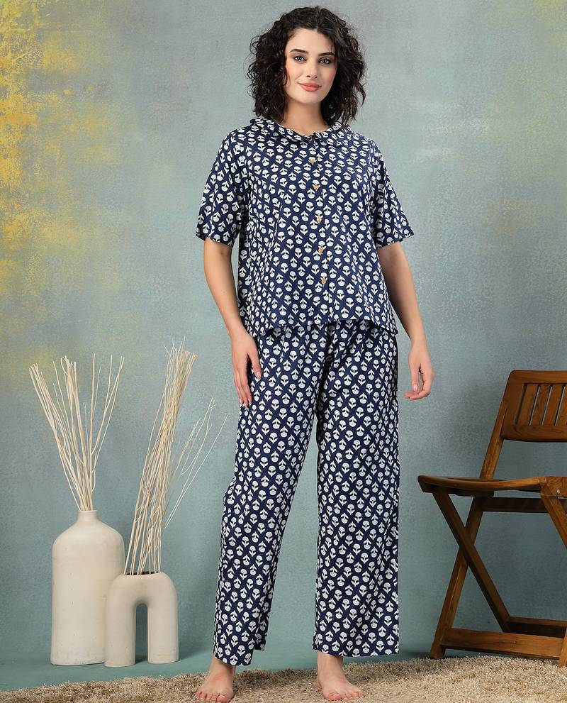 Blue printed cotton peter pan collar co-ord night suit for women