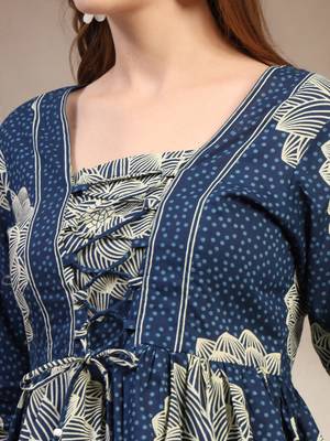 Blue floral printed cotton flared top for women 5