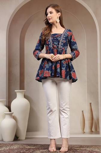 Blue floral printed cotton flared top for women