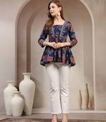 Blue floral printed cotton flared top for women