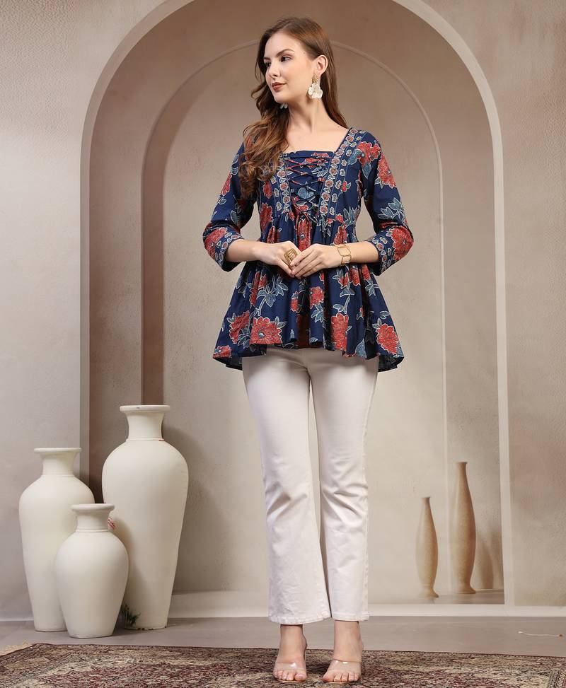 Blue floral printed cotton flared top for women