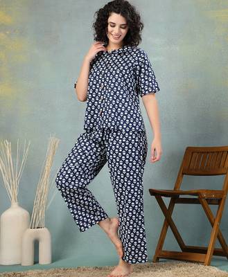 Blue printed cotton peter pan collar co-ord night suit for women 2