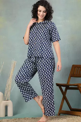 Blue printed cotton peter pan collar co-ord night suit for women