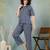 Blue printed cotton peter pan collar co-ord night suit for women