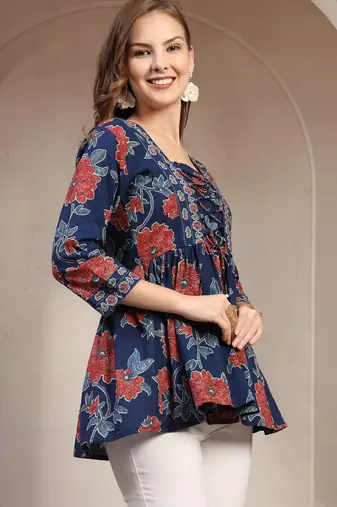 Blue floral printed cotton flared top for women