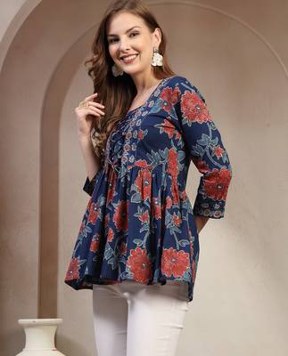 Blue floral printed cotton flared top for women 3