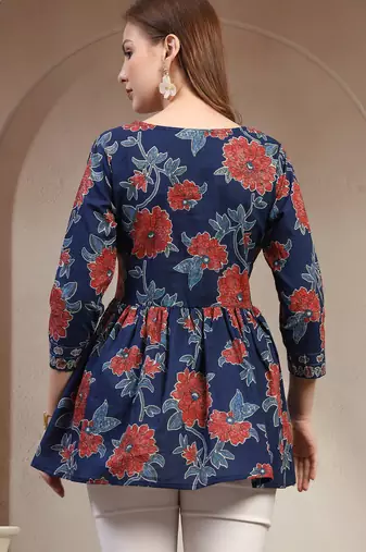 Blue floral printed cotton flared top for women