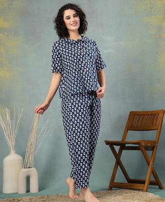 Blue printed cotton peter pan collar co-ord night suit for women 3