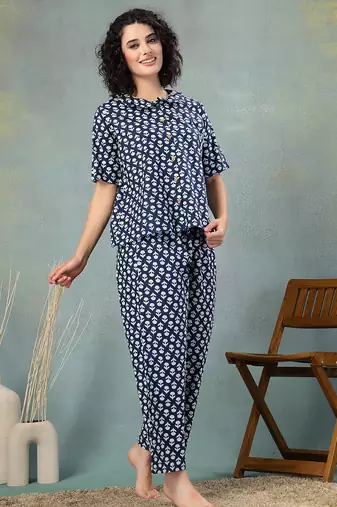 Blue printed cotton peter pan collar co-ord night suit for women
