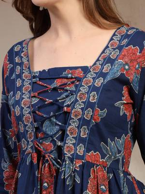 Blue floral printed cotton flared top for women 5