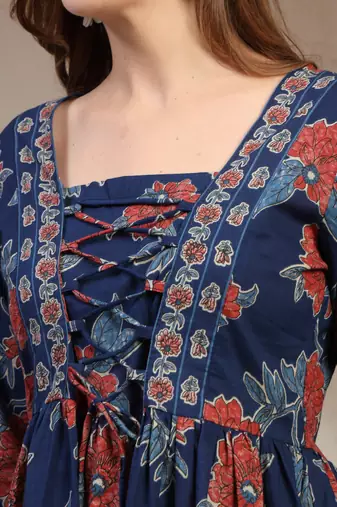 Blue floral printed cotton flared top for women