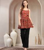 Red floral printed cotton flared top for women