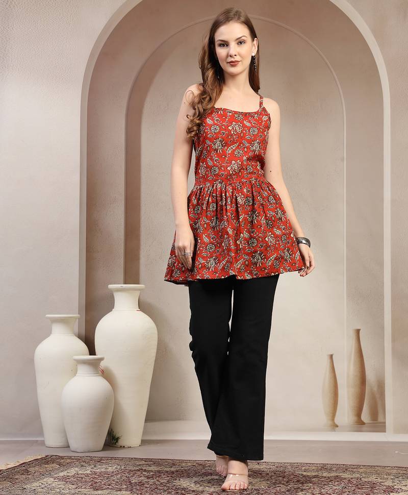 Red floral printed cotton flared top for women
