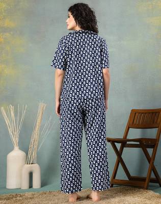 Blue printed cotton peter pan collar co-ord night suit for women 4