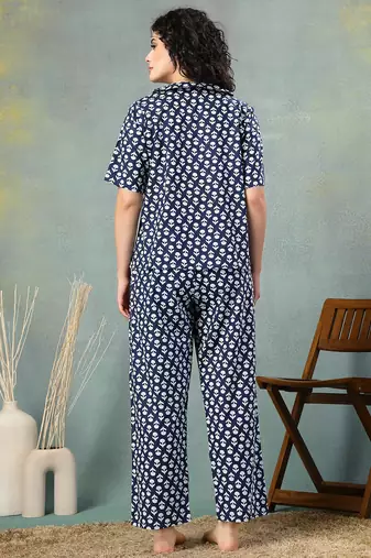 Blue printed cotton peter pan collar co-ord night suit for women