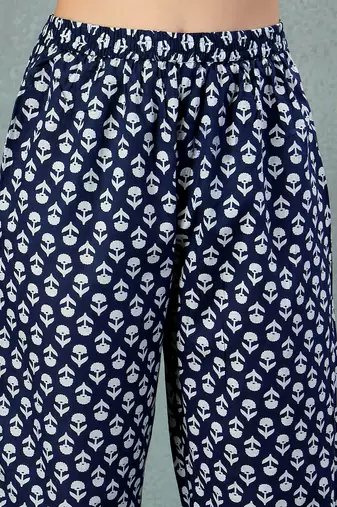Blue printed cotton peter pan collar co-ord night suit for women