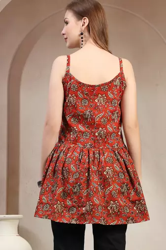 Red floral printed cotton flared top for women