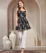 black floral printed cotton flared top for women