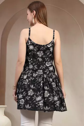 black floral printed cotton flared top for women