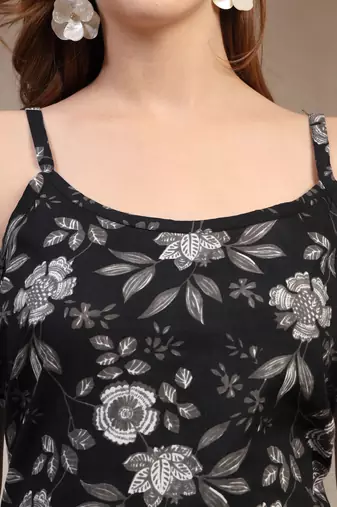 black floral printed cotton flared top for women