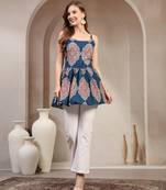 Teal floral printed cotton flared top for women
