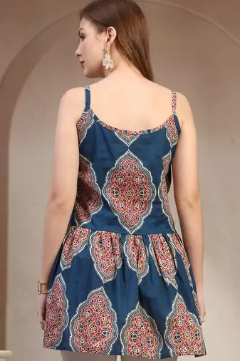 Teal floral printed cotton flared top for women