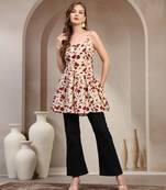 Red floral printed cotton flared top for women