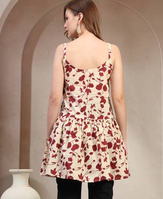 Red floral printed cotton flared top for women 4