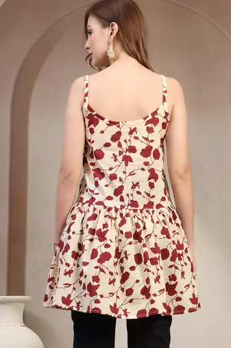 Red floral printed cotton flared top for women