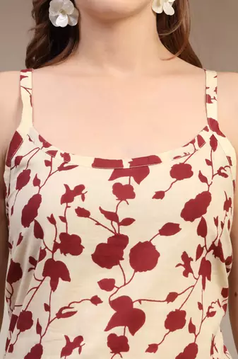 Red floral printed cotton flared top for women