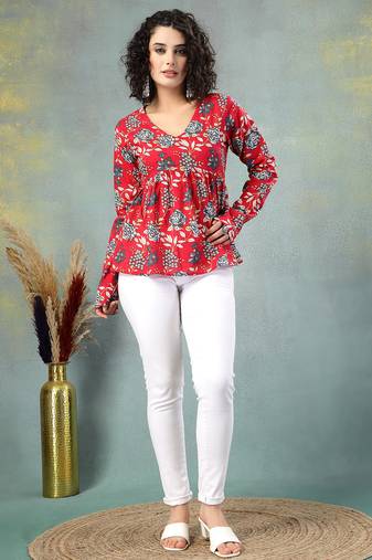 Red floral printed cotton flared top for women