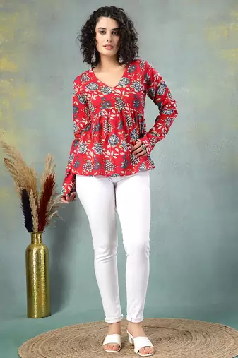 Red floral printed cotton flared top for women