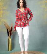 Red floral printed cotton flared top for women