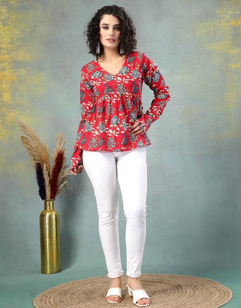 Red floral printed cotton flared top for women