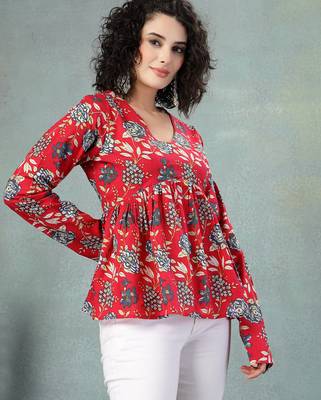 Red floral printed cotton flared top for women 2
