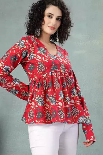 Red floral printed cotton flared top for women