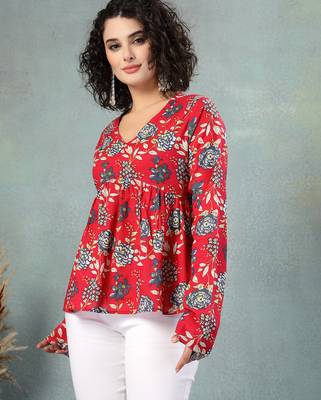Red floral printed cotton flared top for women 3