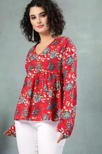 Red floral printed cotton flared top for women