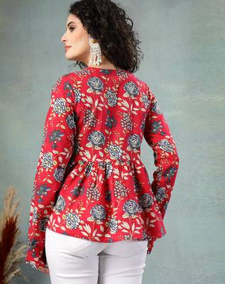 Red floral printed cotton flared top for women 4
